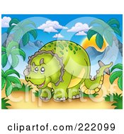 Poster, Art Print Of Cute Green Spotted Triceratops In A Tropical Mountainous Landscape