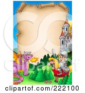 Royalty Free RF Clipart Illustration Of A Knight On His Horse And Dragon By A Castle Around Aged Parchment by visekart
