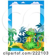 Poster, Art Print Of Cute Sitting Dinosaur And Tropical Frame Around White Space
