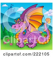 Poster, Art Print Of Happy Purple Dragon Near A Castle
