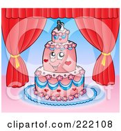 Poster, Art Print Of Happy Pink Wedding Cake Character With Red Curtains