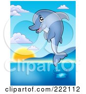 Poster, Art Print Of Cute Dolphin Jumping Above A Still Sea At Sunset