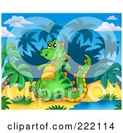 Royalty Free RF Clipart Illustration Of A Cute Dino Sitting By A Water Hole In A Tropical Landscape