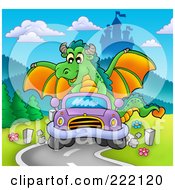 Poster, Art Print Of Green Dragon Driving A Car Near A Castle