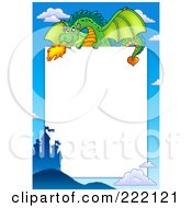 Poster, Art Print Of Green Fire Breathing Dragon Above A Castle Frame Around White Space