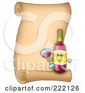 Royalty Free RF Clipart Illustration Of A Red Wine Character Over A Vertical Parchment Scroll
