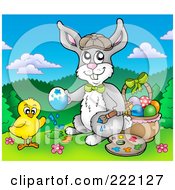 Poster, Art Print Of Chick And Easter Bunny Painting Eggs By A Basket