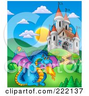 Royalty Free RF Clipart Illustration Of A Blue Fire Breathing Dragon Near A Castle 1