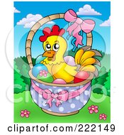 Poster, Art Print Of Cute Easter Chicken In A Basket Of Eggs