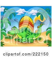 Royalty Free RF Clipart Illustration Of A Cute Sail Fin Dinosaur In A Tropical Mountainous Landscape