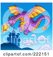 Royalty Free RF Clipart Illustration Of A Purple Fire Breathing Dragon Near A Castle 3