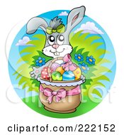 Poster, Art Print Of Easter Bunny In A Basket Of Eggs Over A Sky Circle