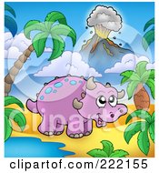 Royalty Free RF Clipart Illustration Of A Cute Purple Triceratops By A Watering Hole In A Tropical Volcanic Landscape by visekart