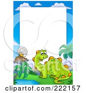 Poster, Art Print Of Cute Stegosaur Dinosaur And Volcano Frame Around White Space