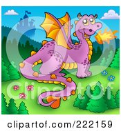Royalty Free RF Clipart Illustration Of A Purple Fire Breathing Dragon Near A Castle 1