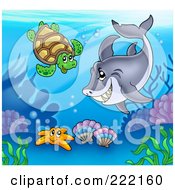 Poster, Art Print Of Shark Swimming With A Sea Turtle Above A Starfish And Corals