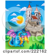 Royalty Free RF Clipart Illustration Of A Blue Fire Breathing Dragon Near A Castle 4