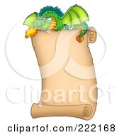 Royalty Free RF Clipart Illustration Of A Green Fire Breathing Dragon Over A Blank Parchment Page