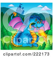 Royalty Free RF Clipart Illustration Of A Blue Fire Breathing Dragon Near A Castle 2