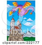 Royalty Free RF Clipart Illustration Of A Purple Fire Breathing Dragon Near A Castle 2