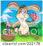 Poster, Art Print Of Easter Bunny Holding A Flower And Sitting By A Basket