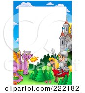 Poster, Art Print Of Knight And Horse With A Dragon And Castle Frame Around White Space