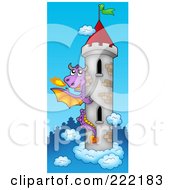Royalty Free RF Clipart Illustration Of A Purple Fire Breathing Dragon Around A Castle Tower In The Sky by visekart