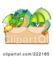 Poster, Art Print Of Green Fire Breathing Dragon Over A Blank Wooden Sign