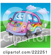 Royalty Free RF Clipart Illustration Of A Purple Hippie Car Driving On A Road by visekart