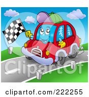Poster, Art Print Of Car Character Waving A Racing Flag