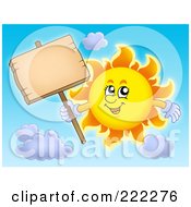 Poster, Art Print Of Happy Summer Sun Holding A Wooden Sign On A Post