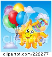 Poster, Art Print Of Happy Summer Sun With A Party Hat And Balloons