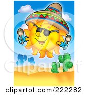 Happy Mexican Summer Sun Wearing A Sombrero And Shaking Maracas Over A Desert