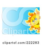 Poster, Art Print Of Happy Sun Looking Around A Blank White Edge Over Blue
