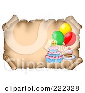 Royalty Free RF Clipart Illustration Of A Birthday Cake And Balloons On A Horizontal Aged Parchment Paper
