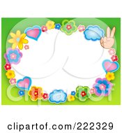 Poster, Art Print Of Frame Of Hearts Clouds Flowers And Peace Hands With Green Around White Space