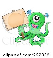 Poster, Art Print Of Cute Green Monster Holding A Blank Wood Sign