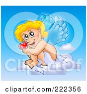 Royalty Free RF Clipart Illustration Of Cupid Holding A Heart To His Face In The Sky