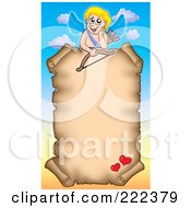 Royalty Free RF Clipart Illustration Of Cupid Above A Parchment Page Against A Sky
