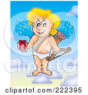 Royalty Free RF Clipart Illustration Of Cupid Holding A Gift In The Sky