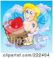 Royalty Free RF Clipart Illustration Of Cupid Pushing A Wheelbarrow Of Hearts In The Sky