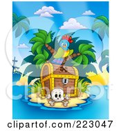 Royalty Free RF Clipart Illustration Of A Parrot Sitting On A Treasure Chest On An Island