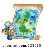 Royalty Free RF Clipart Illustration Of A Male Pirate Looking Around A Treasure Map