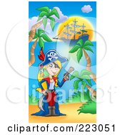 Royalty Free RF Clipart Illustration Of A Blond Female Pirate With A Parrot Holding A Gun On A Beach With Her Ship In The Background