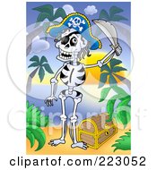 Poster, Art Print Of Skeleton Pirate Holding A Sword Over A Chest On A Beach