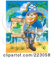 Royalty Free RF Clipart Illustration Of A Male Pirate Holding A Treasure Map On A Beach