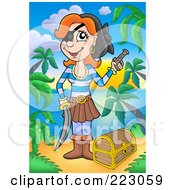 Royalty Free RF Clipart Illustration Of A Red Haired Female Pirate With A Treasure Chest Sword And Gun