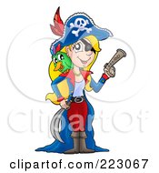 Poster, Art Print Of Blond Female Pirate With A Parrot Sword And Gun