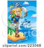 Royalty Free RF Clipart Illustration Of A Blond Female Pirate On A Beach With A Bird Sword And Gun