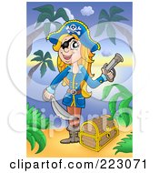 Royalty Free RF Clipart Illustration Of A Blond Pirate Holding A Gun And Sword Over A Chest On A Beach